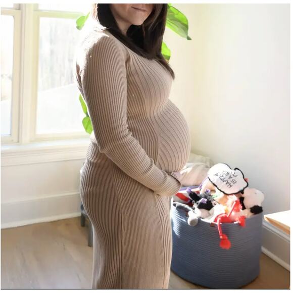 Hatch Beige Midi Maternity Dress SMALL Basic Ribbed Knit Career Cotton Work $300 - Picture 5 of 11